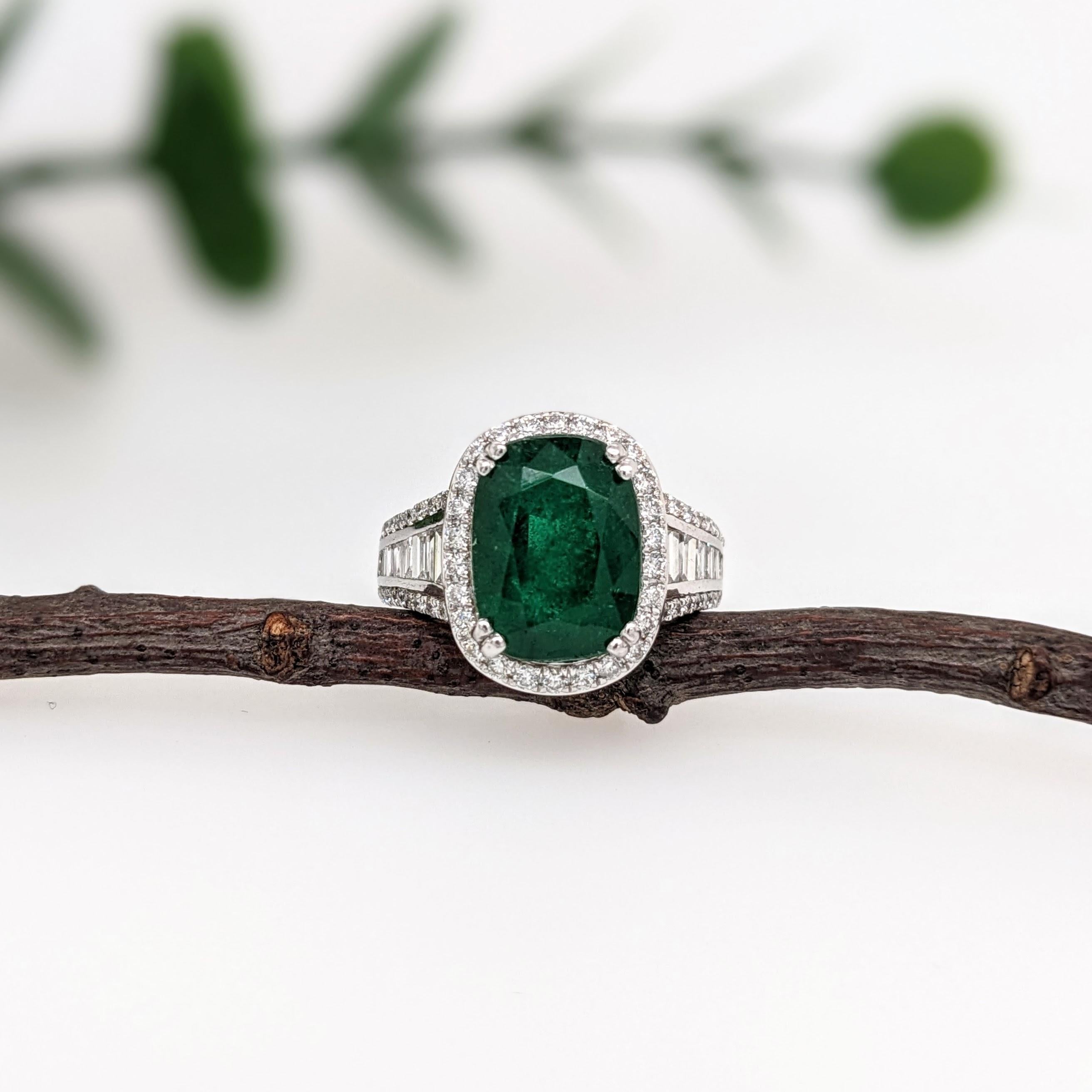 Cushion Cut 5.6ct Emerald Ring w Earth Mined Diamonds in Solid 14K White Gold Cushion 12x9mm For Sale