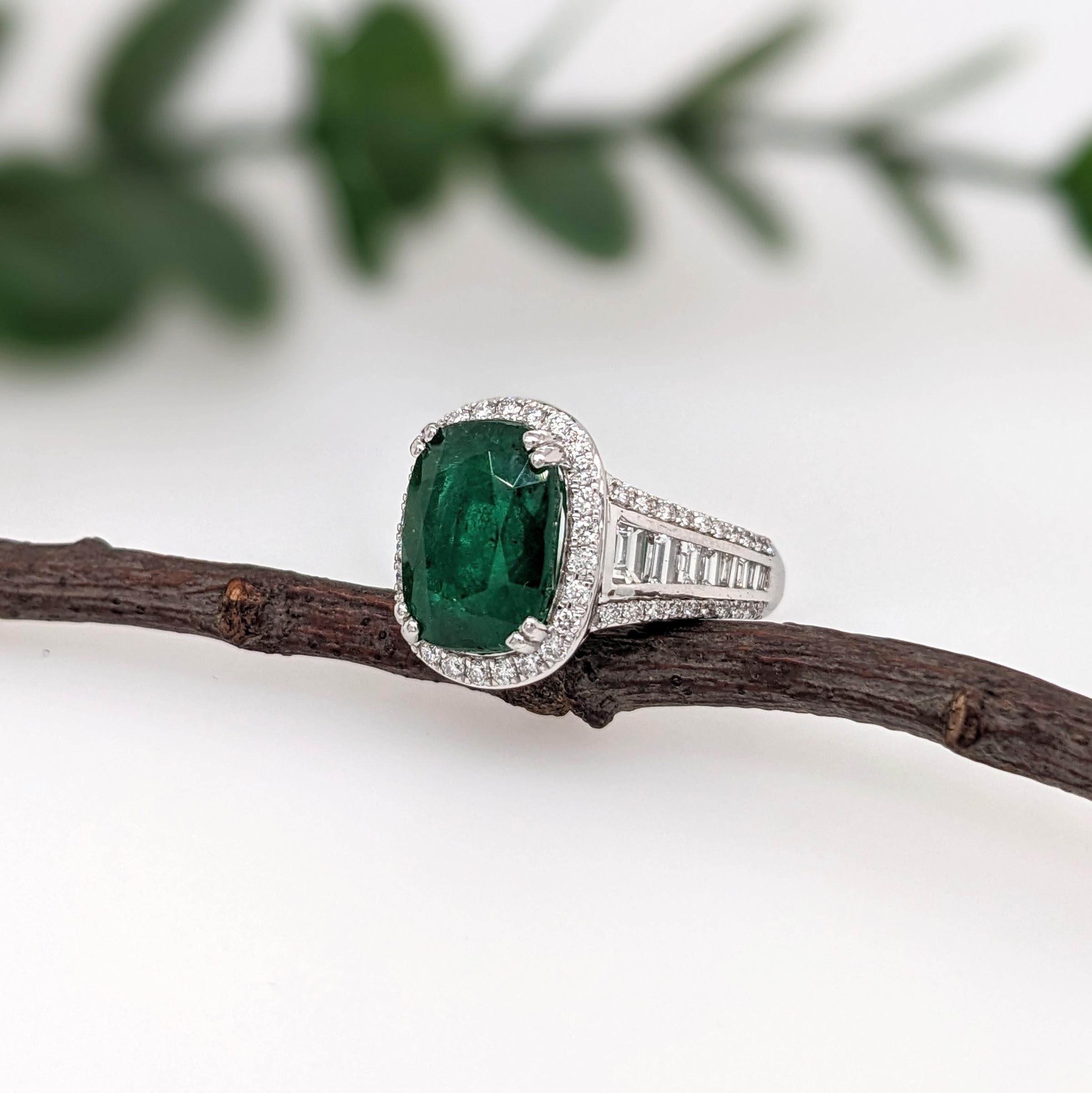 5.6ct Emerald Ring w Earth Mined Diamonds in Solid 14K White Gold Cushion 12x9mm In New Condition For Sale In Columbus, OH