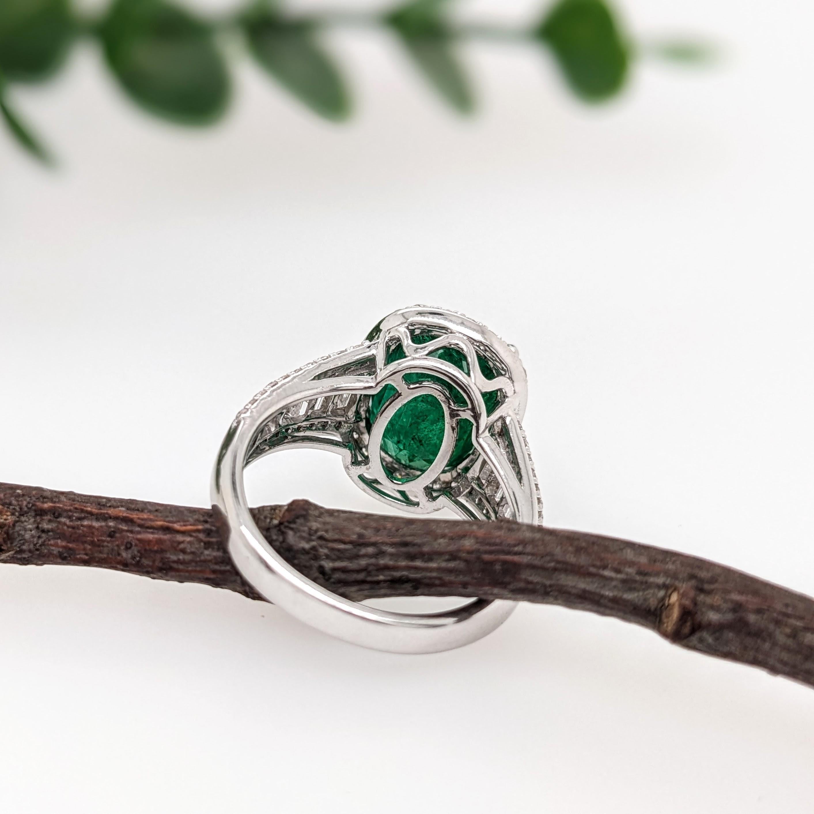 5.6ct Emerald Ring w Earth Mined Diamonds in Solid 14K White Gold Cushion 12x9mm For Sale 1