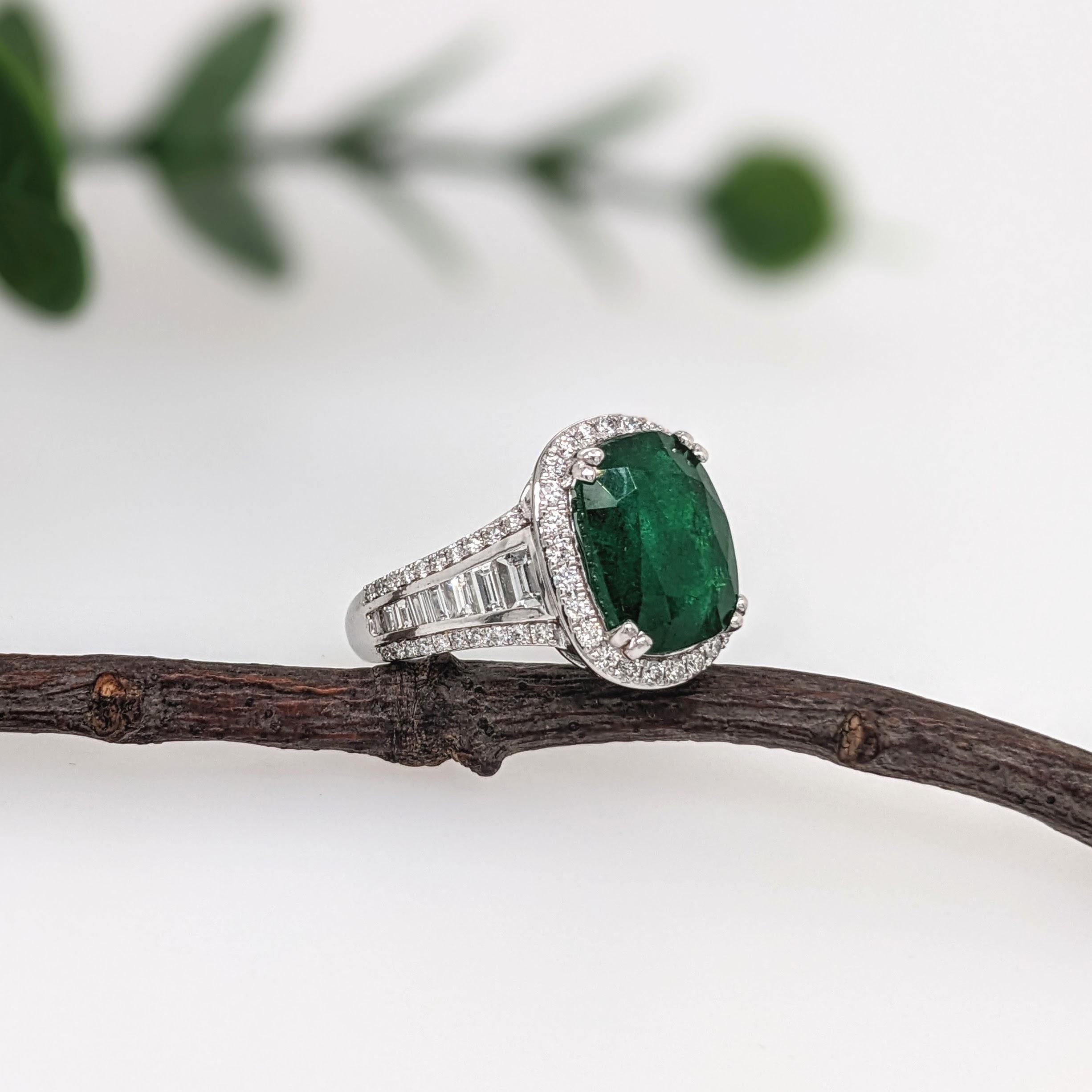 5.6ct Emerald Ring w Earth Mined Diamonds in Solid 14K White Gold Cushion 12x9mm For Sale 2