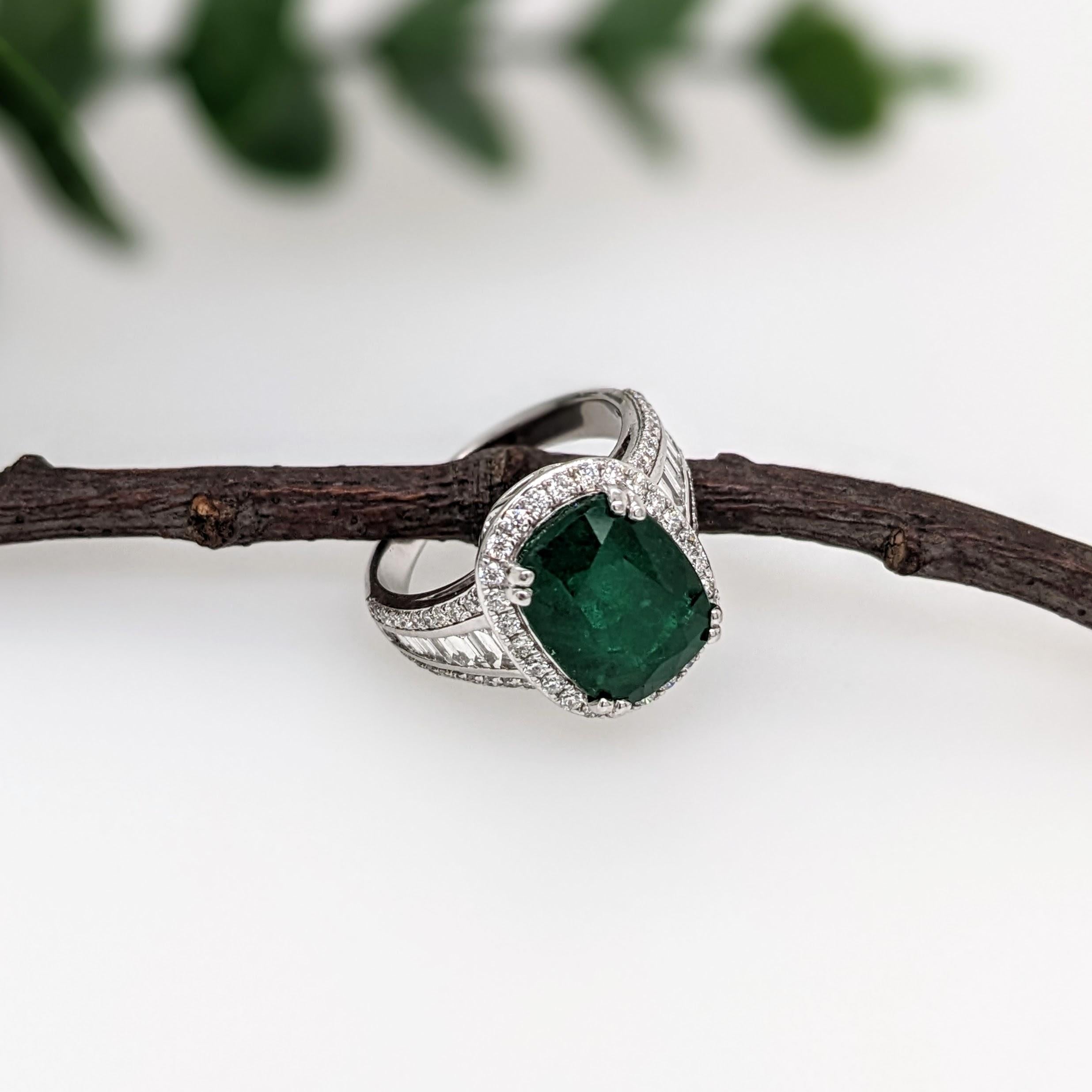 5.6ct Emerald Ring w Earth Mined Diamonds in Solid 14K White Gold Cushion 12x9mm For Sale 3
