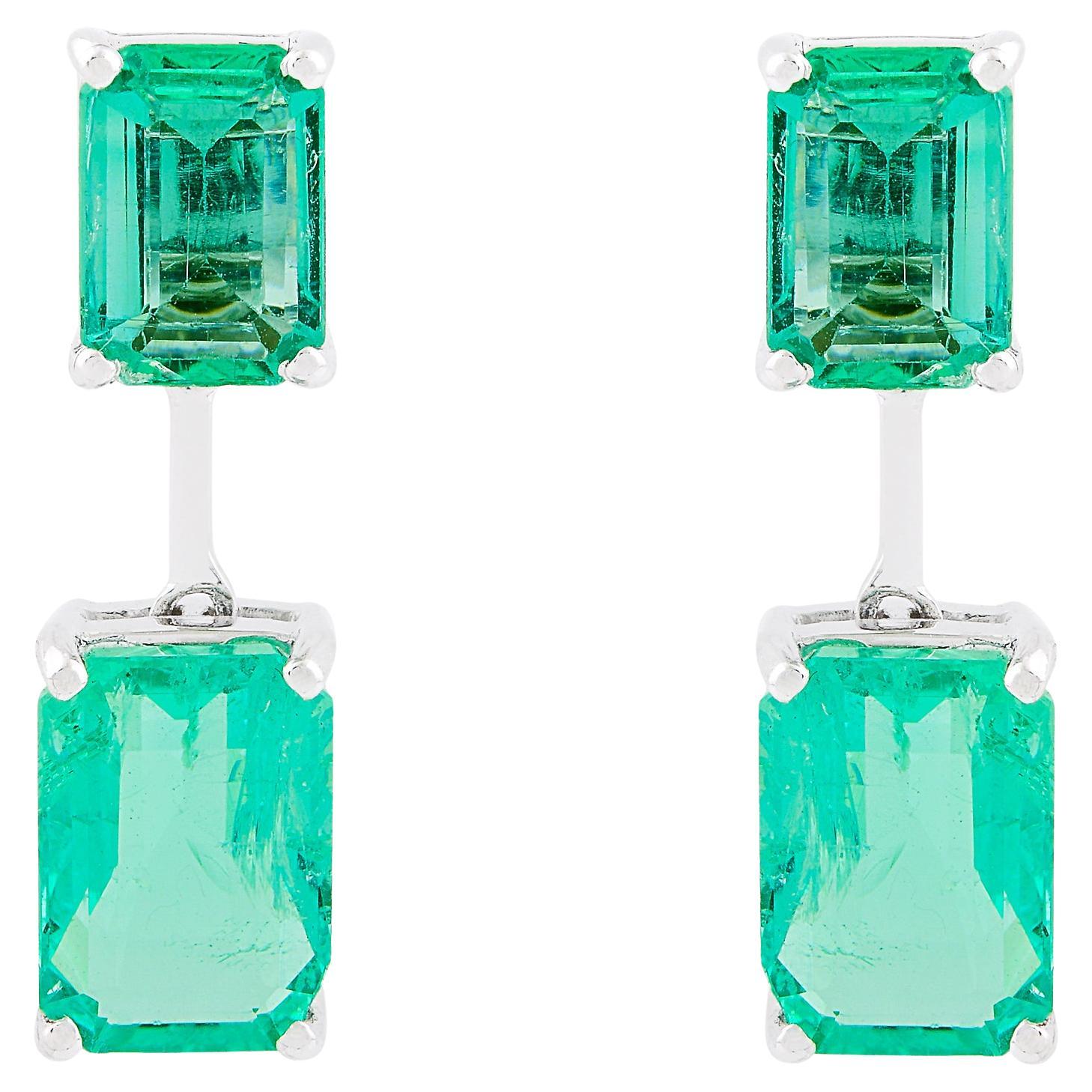 Natural Zambian Emerald 5.60Ct Emerald Cut Double Stone Drop 18K White Gold For Sale