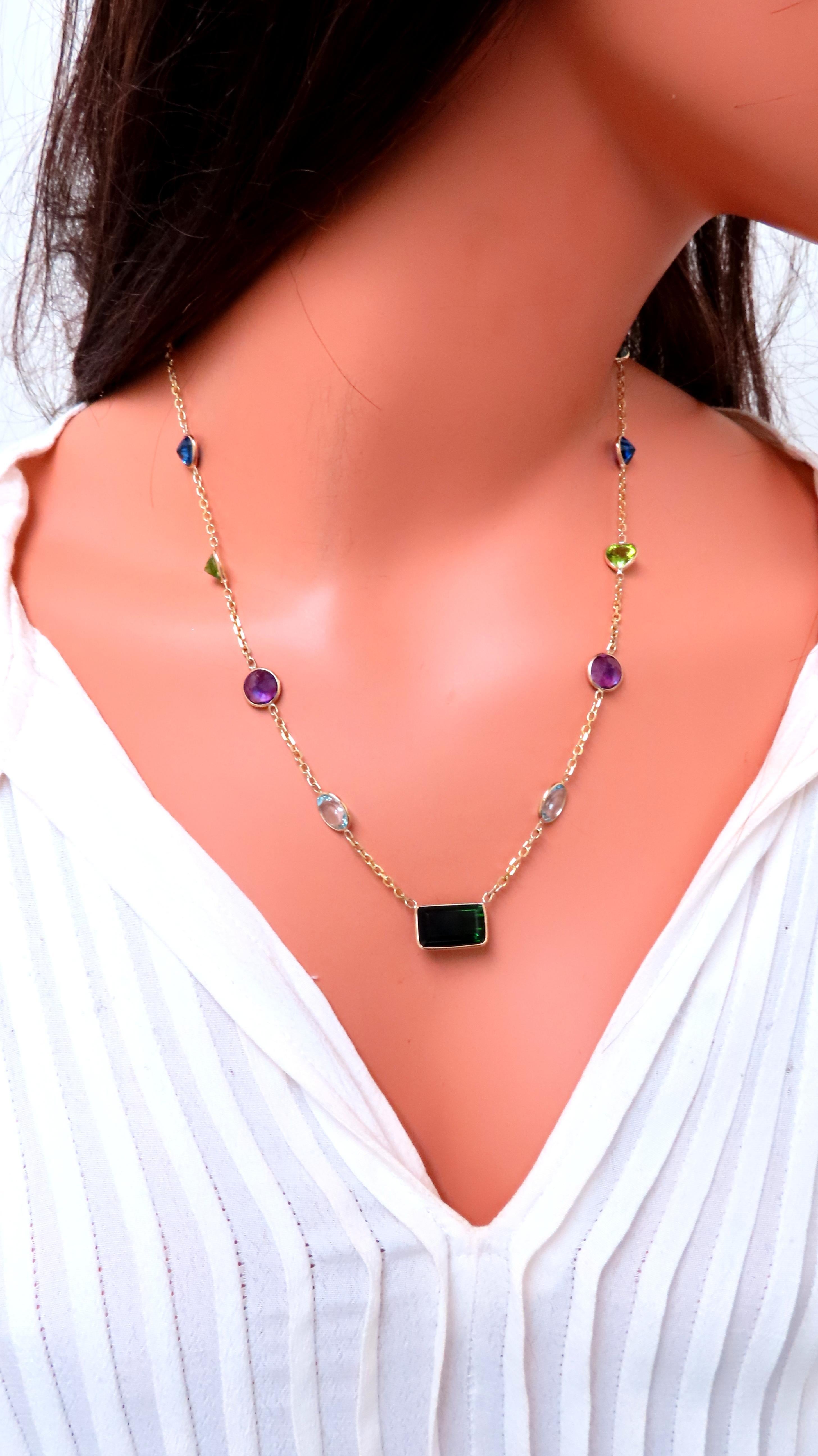 56ct Natural Tourmaline Amethyst Peridot Station Yard Necklace  14kt 12521 In New Condition For Sale In New York, NY