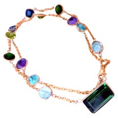 56ct Natural Tourmaline Amethyst Peridot Station Yard Necklace  14kt 12521