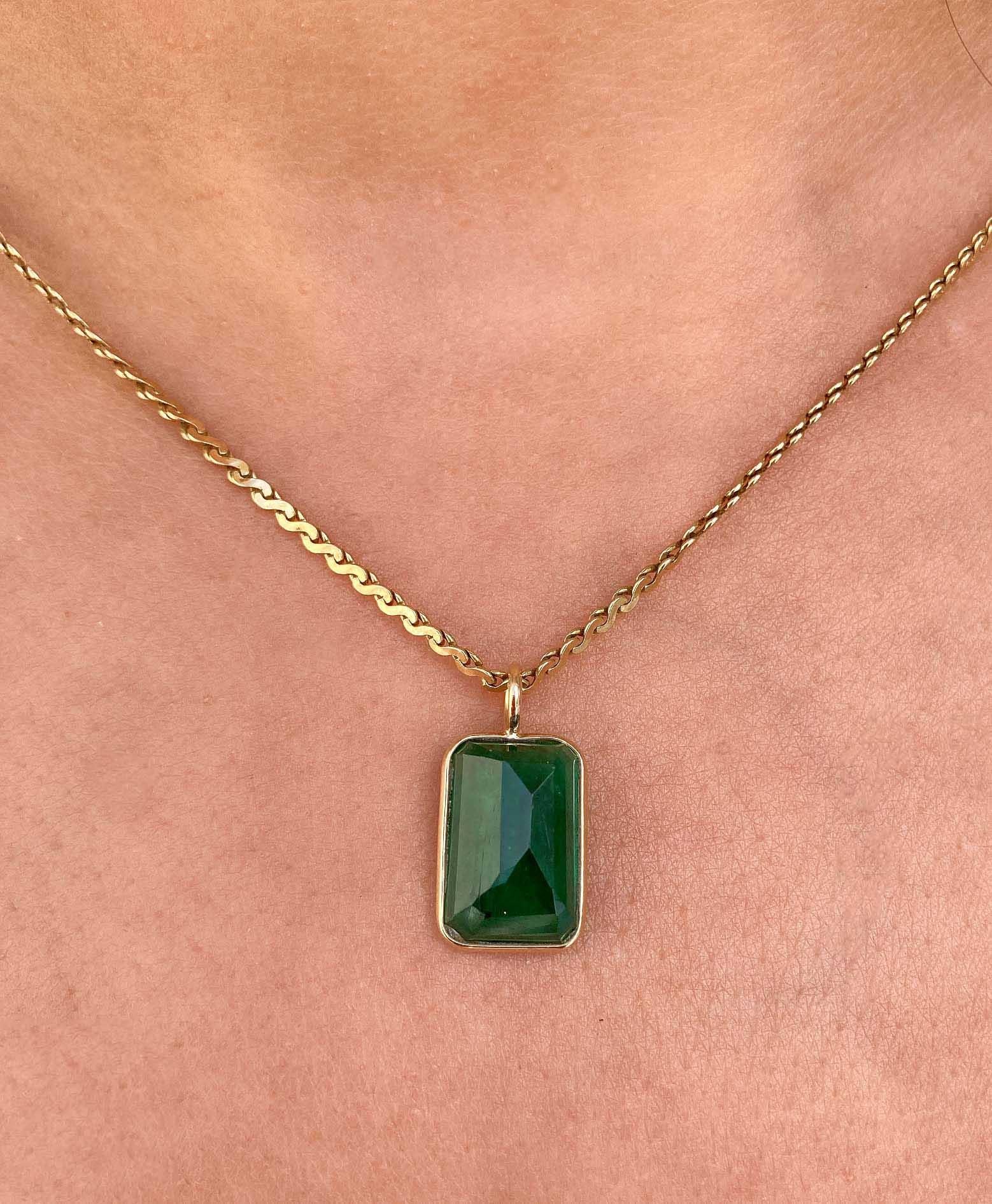 Emerald Cut 5.6ct Rectangle Emerald 14K Gold Bezel Set Necklace Pendant Charm OOAK AD2164-1
