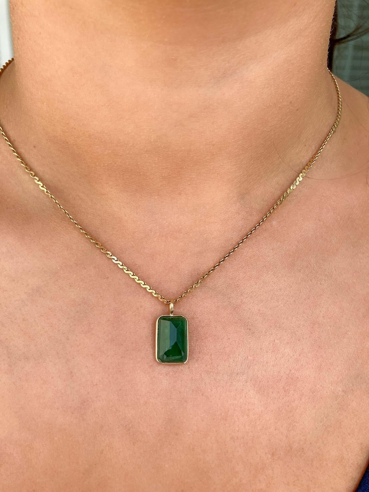 5.6ct Rectangle Emerald 14K Gold Bezel Set Necklace Pendant Charm OOAK AD2164-1 In New Condition In Osprey, FL