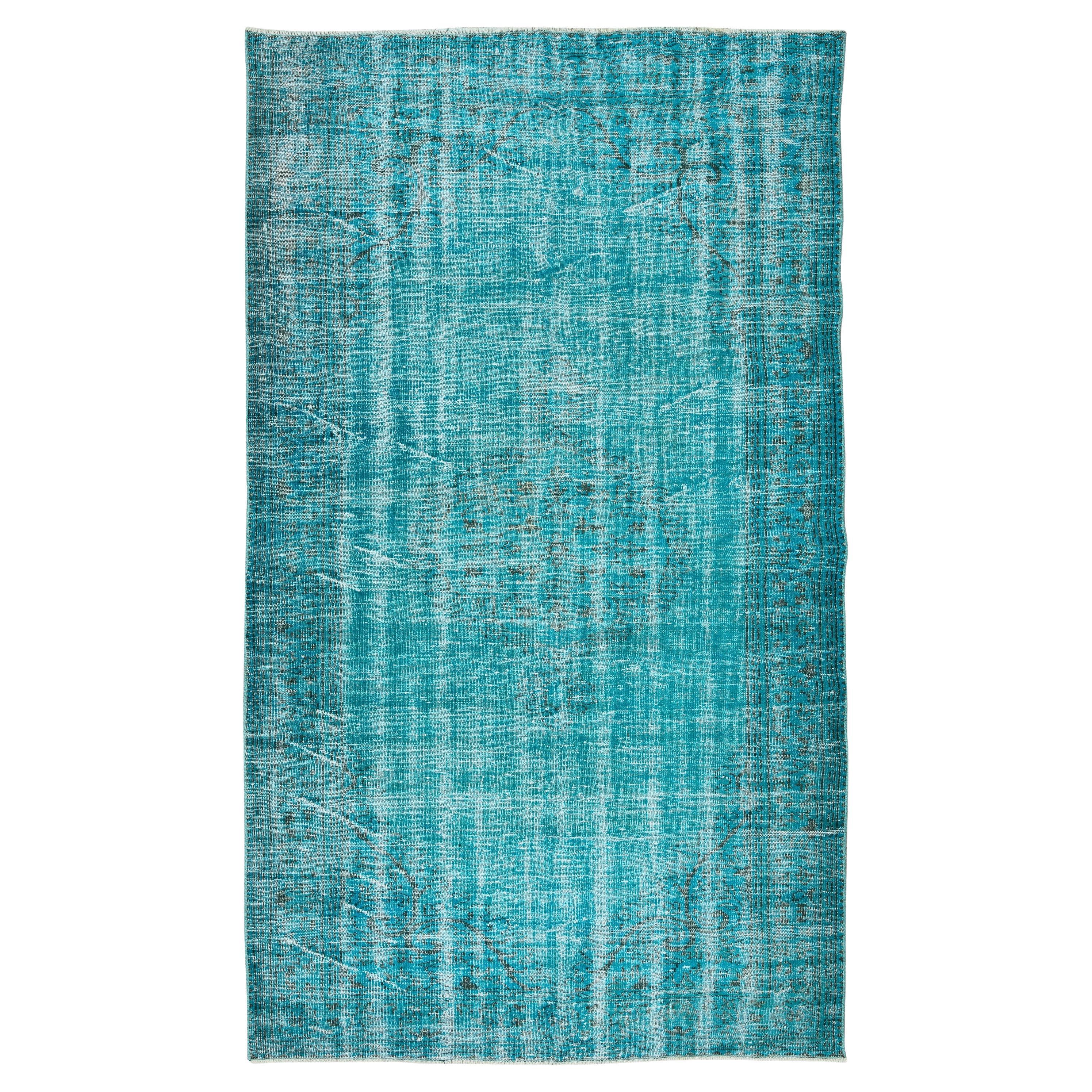 5.6x10 Ft Teal Blue Area Rug for Modern Interiors, Handmade Turkish Carpet