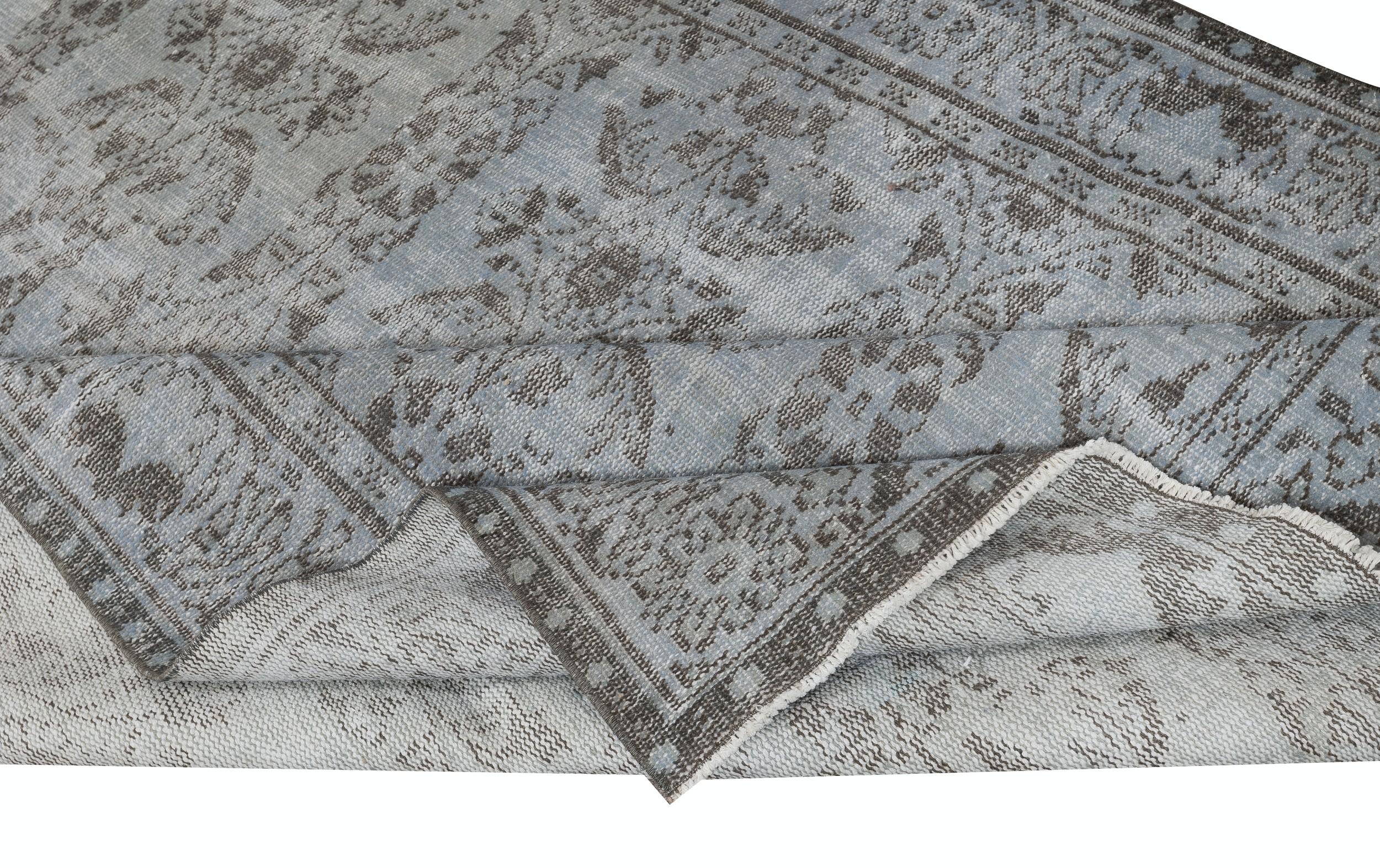 Modern 5.6x10 Ft Vintage Turkish Area Rug redyed in Blue Color for modern interiors For Sale