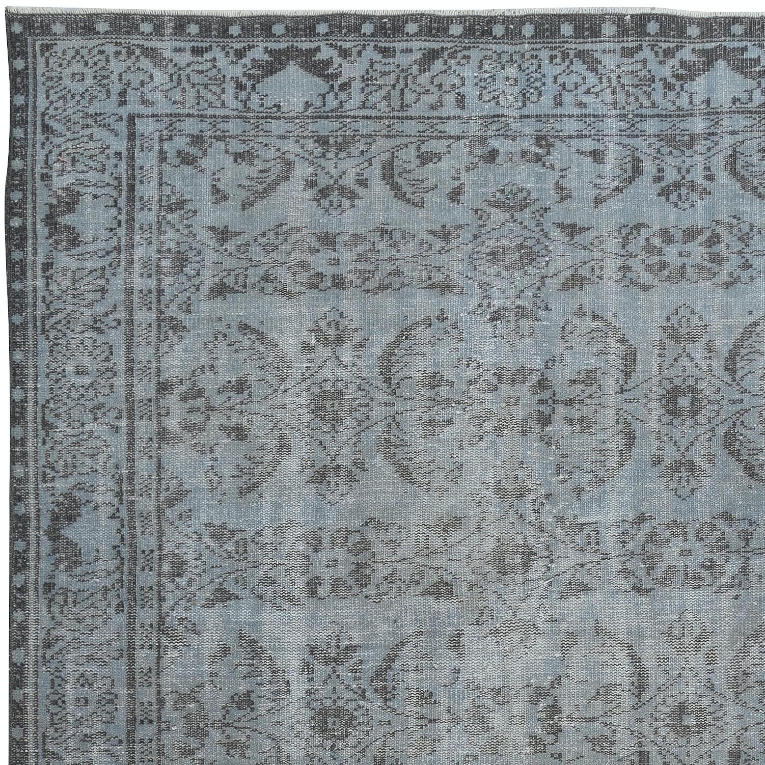 Hand-Knotted 5.6x10 Ft Vintage Turkish Area Rug redyed in Blue Color for modern interiors For Sale
