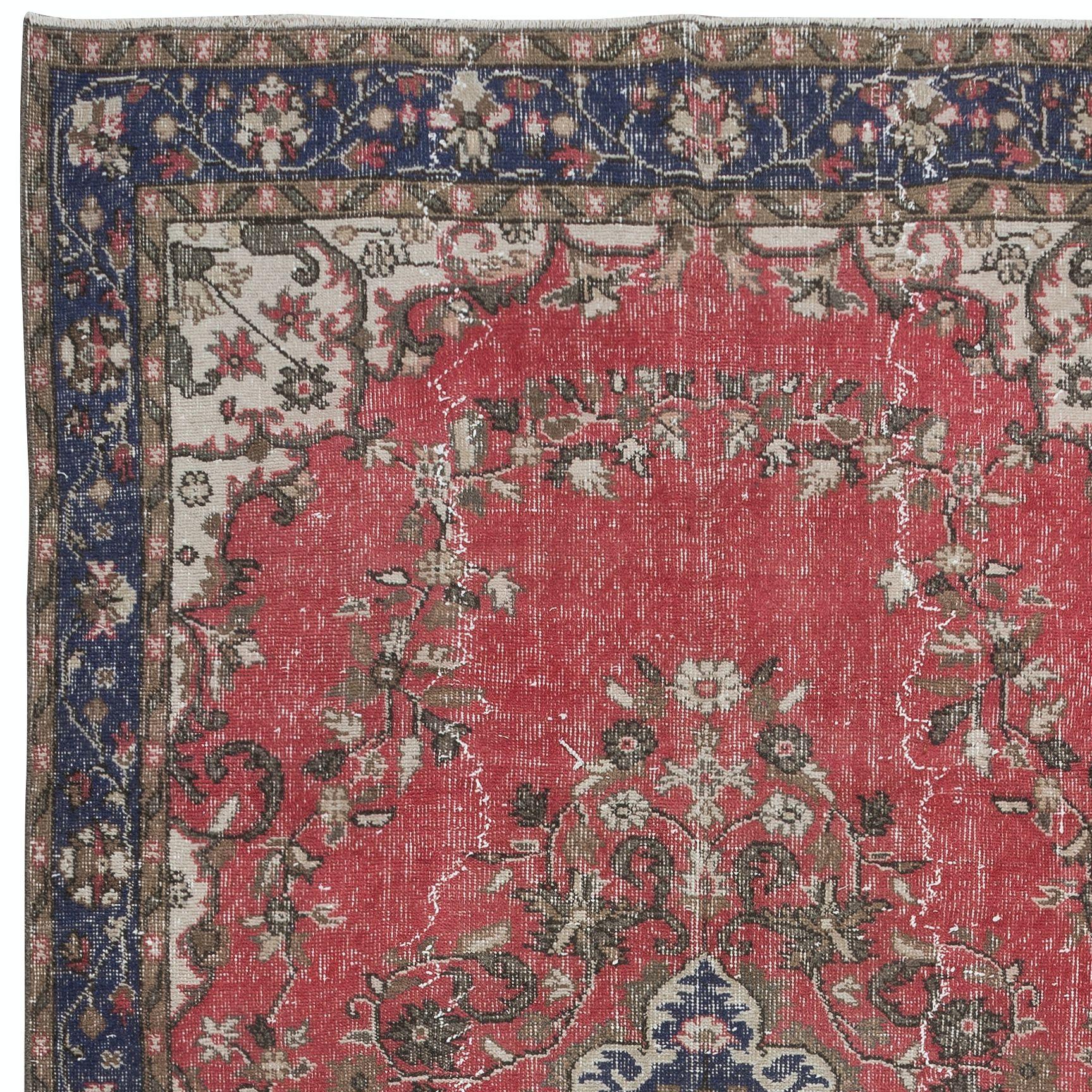 Hand-Knotted 5.6x10.2 Ft Vintage Handmade Turkish Wool Area Rug in Red, Beige & Dark Blue For Sale