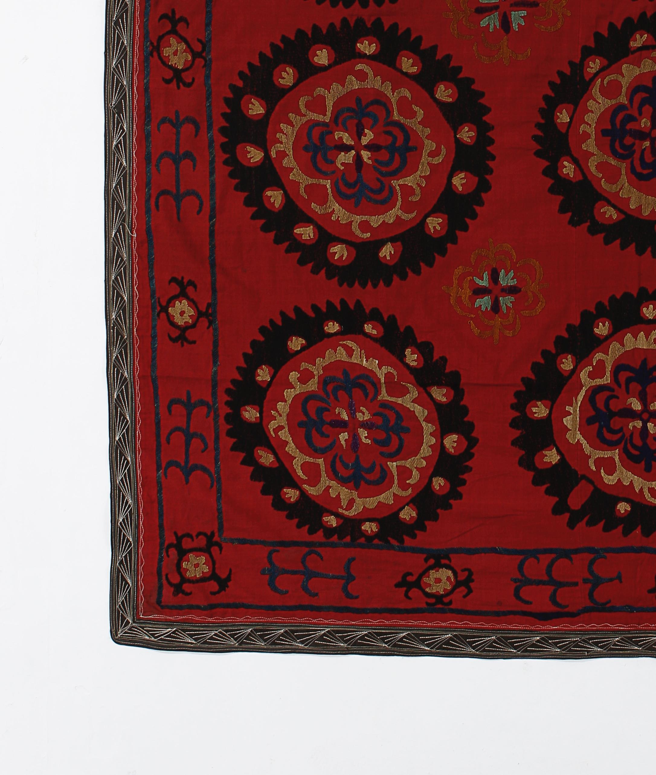 20th Century Vintage Suzani Bed Cover, Silk Embroidery Handmade Uzbek Wall Hanging