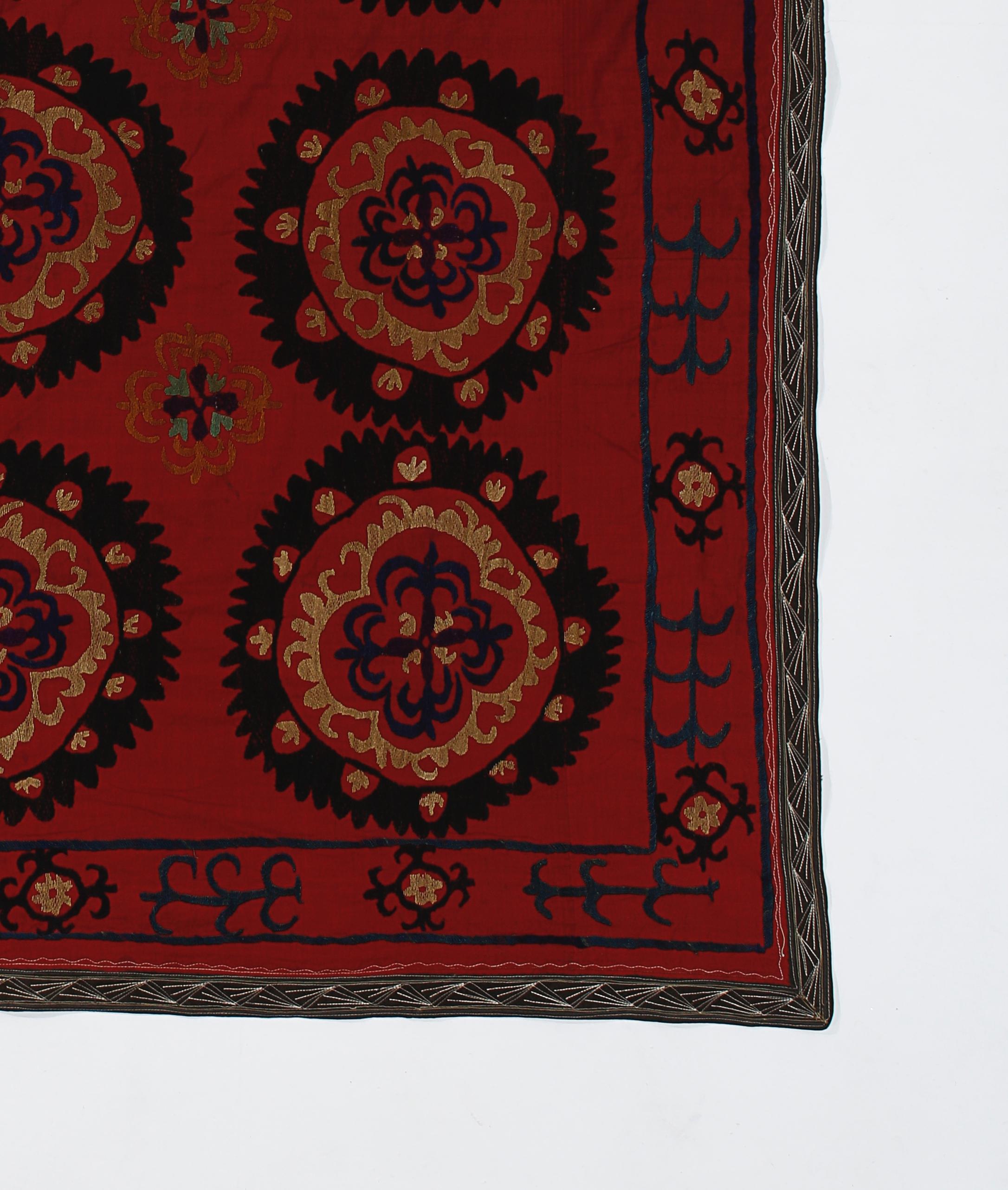 Cotton Vintage Suzani Bed Cover, Silk Embroidery Handmade Uzbek Wall Hanging