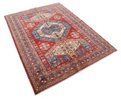 5.6x7.2 ft Hand Knotted Tribal Style Red Area Rug for Home Decor. 100% Wool