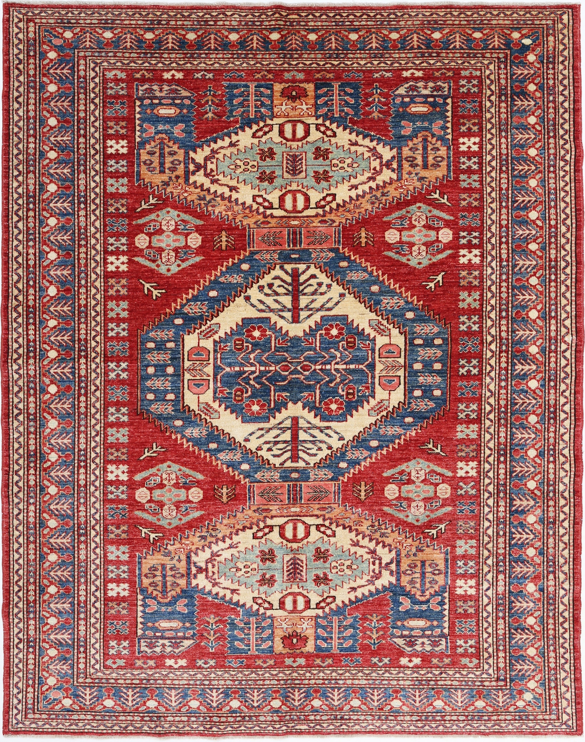 5.6x7.2 ft Hand Knotted Tribal Style Red Area Rug for Home Decor. 100% Wool
