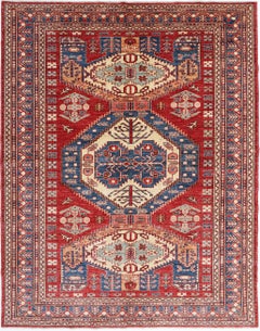 5.6x7.2 ft Hand Knotted Tribal Style Red Area Rug for Home Decor. 100% Wool