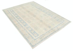5.6x7.4 ft Hand Knotted Beige and Light Blue Rug with Minimal Geometric Design