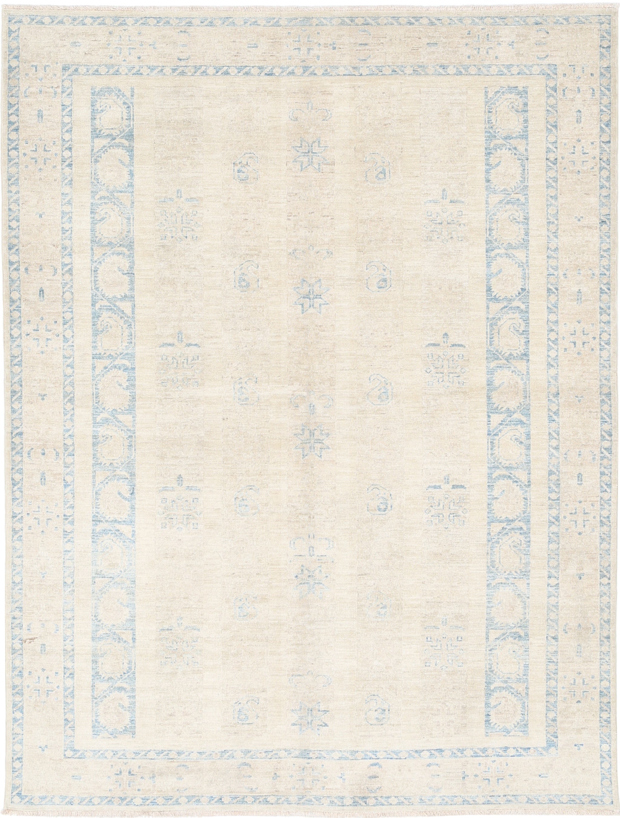 5.6x7.4 ft Hand Knotted Beige and Light Blue Rug with Minimal Geometric Design