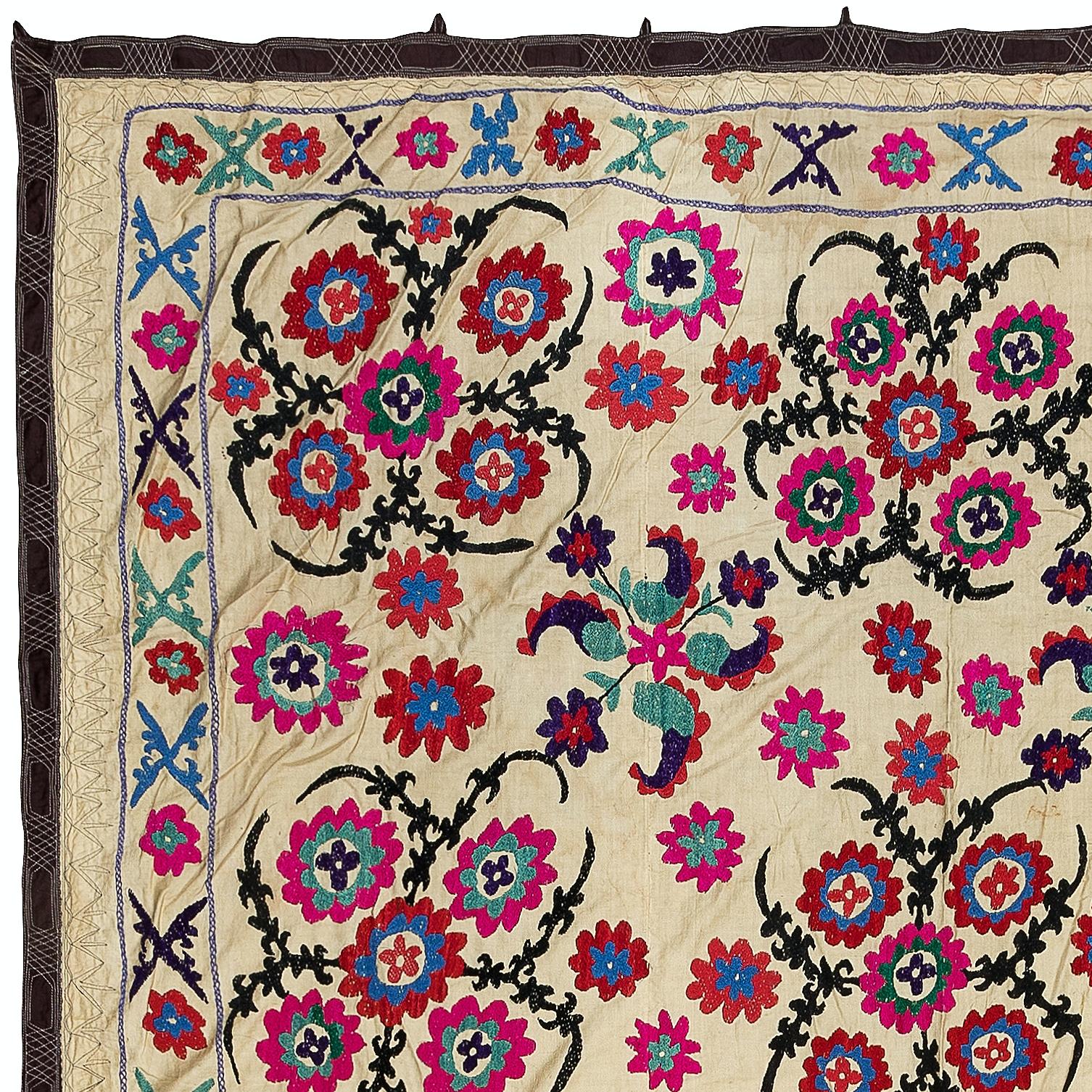 Suzani, a Central Asian term for a specific type of needlework, is also the broader name for the hugely popular decorative pieces of textile that feature this needlework in vivid colors with bold, expressive floral and botanical designs, natural