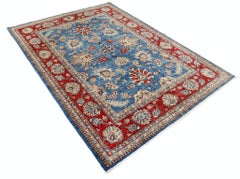 5.6x7.6 ft Handknotted Light Blue, Red & Ivory Wool Area Rug with Floral Design