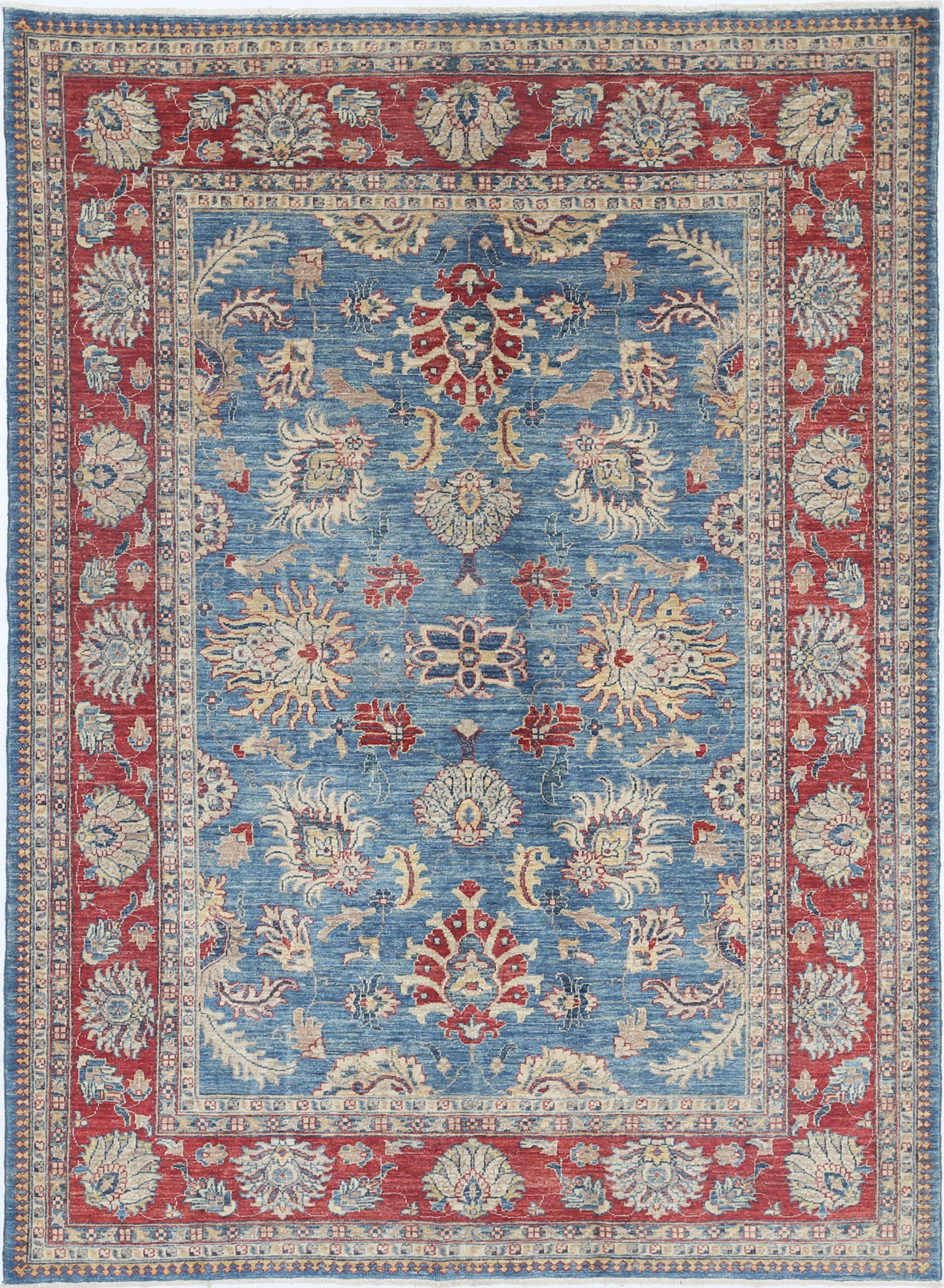 5.6x7.6 ft Handknotted Light Blue, Red & Ivory Wool Area Rug with Floral Design