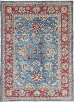 5.6x7.6 ft Handknotted Light Blue, Red & Ivory Wool Area Rug with Floral Design