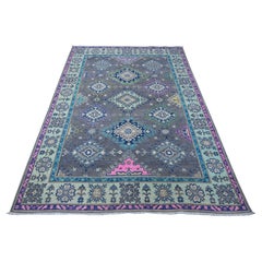 5'6 "x7'7" Gris Plata Oscuro Anudada a Mano Fusión de Lana Vibrante Alfombra Oriental Kazak
