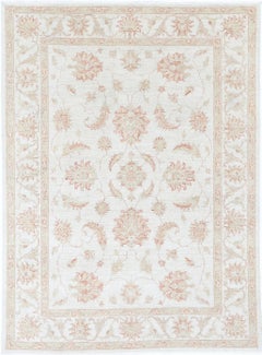5.6x7.7 ft Hand Knotted Beige Wool Oushak Area Rug with All-Over Floral Design