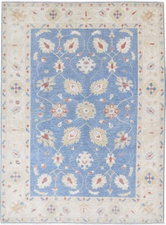 5.6x7.7 ft Hand Knotted Floral Oushak Area Rug in Blue and Ivory. 100% Wool