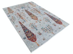 5.6x7.7 ft Hand Knotted Light Blue Area Rug. Turkish Tree of Life Design Carpet