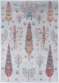 5.6x7.7 ft Hand Knotted Light Blue Area Rug. Turkish Tree of Life Design Carpet