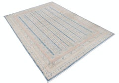 5.6x7.7 ft Hand Knotted Light Blue, Beige Area Rug. Striped Geometric Patterned