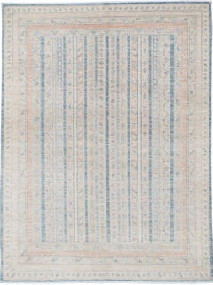 5.6x7.7 ft Hand Knotted Light Blue, Beige Area Rug. Striped Geometric Patterned