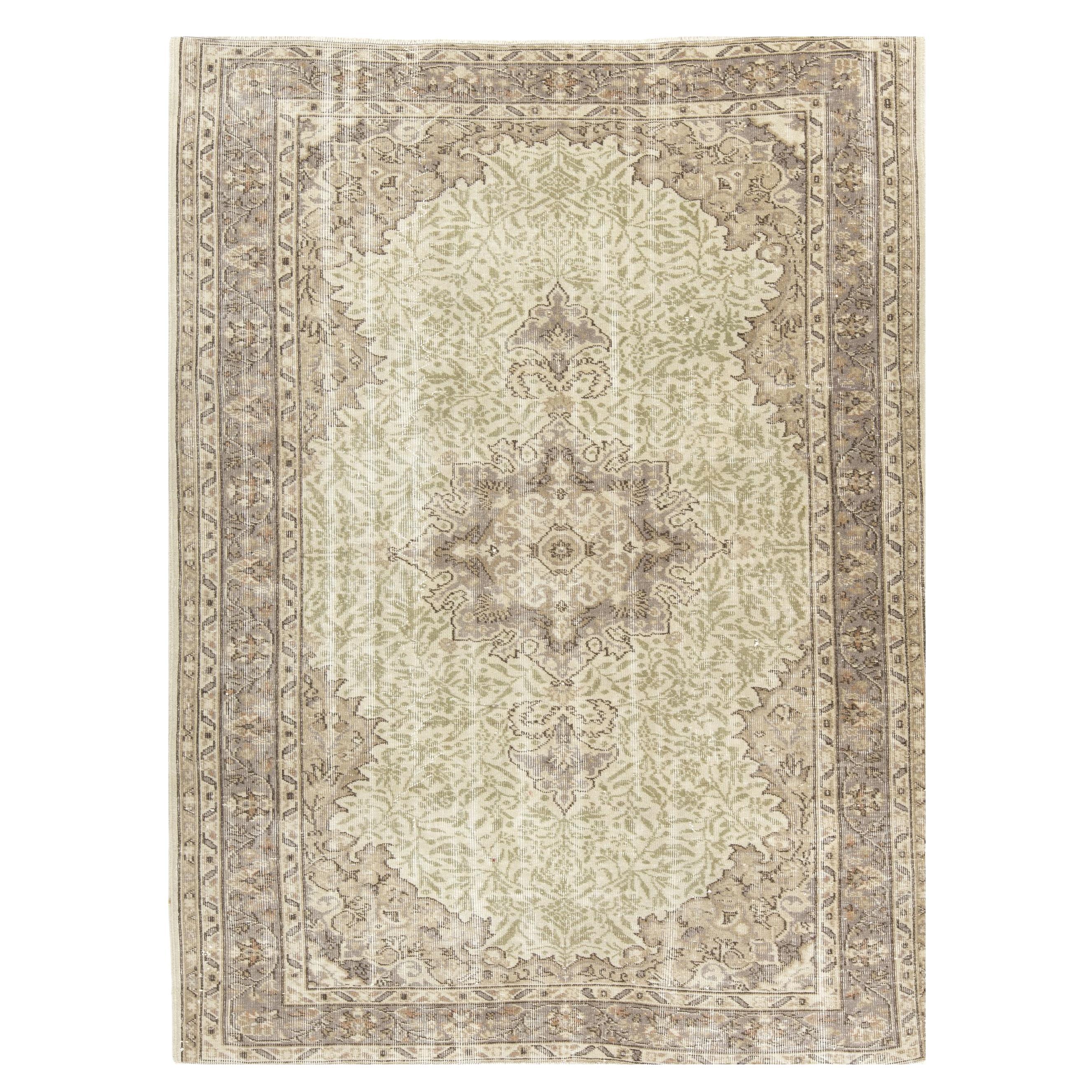5.6x7.7 Ft Handmade Sun Faded Oushak Area Rug, Medallion Design Wool Carpet For Sale