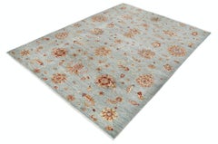 5.6x7.7 ft Traditional Handknotted Light Blue, Ivory Area Rug with Floral Design