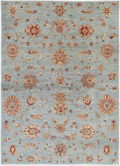 5.6x7.7 ft Traditional Handknotted Light Blue, Ivory Area Rug with Floral Design