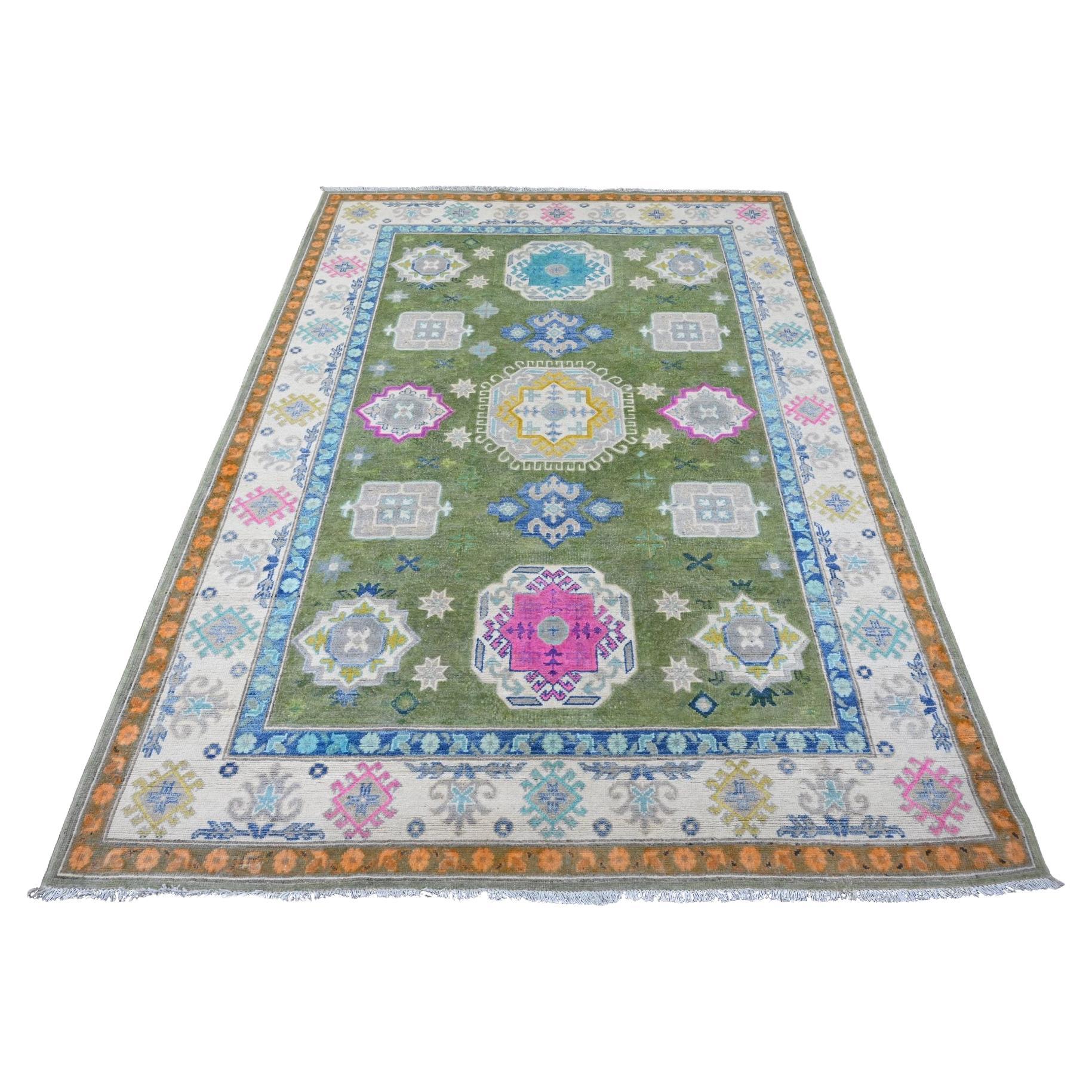 5
6 "x7
7" Grün Bunt Fusion Kazak Kaukasisch Design Hand geknüpft alle Wolle Teppich