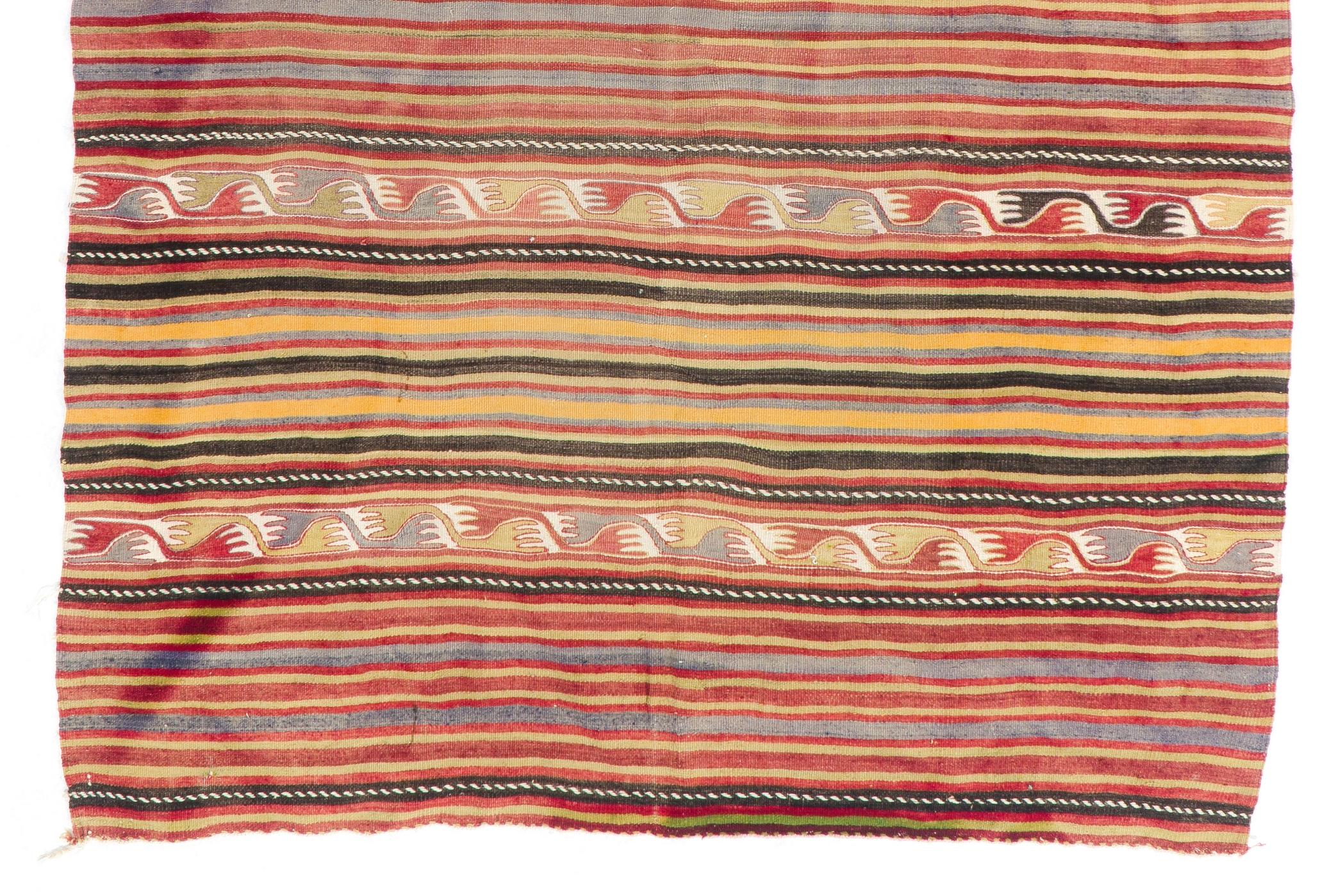 Hand-Woven 5.8x7.8 Ft Vintage Striped Pattern Turkish Kilim Rug. Flat-Weave Wool Carpet For Sale