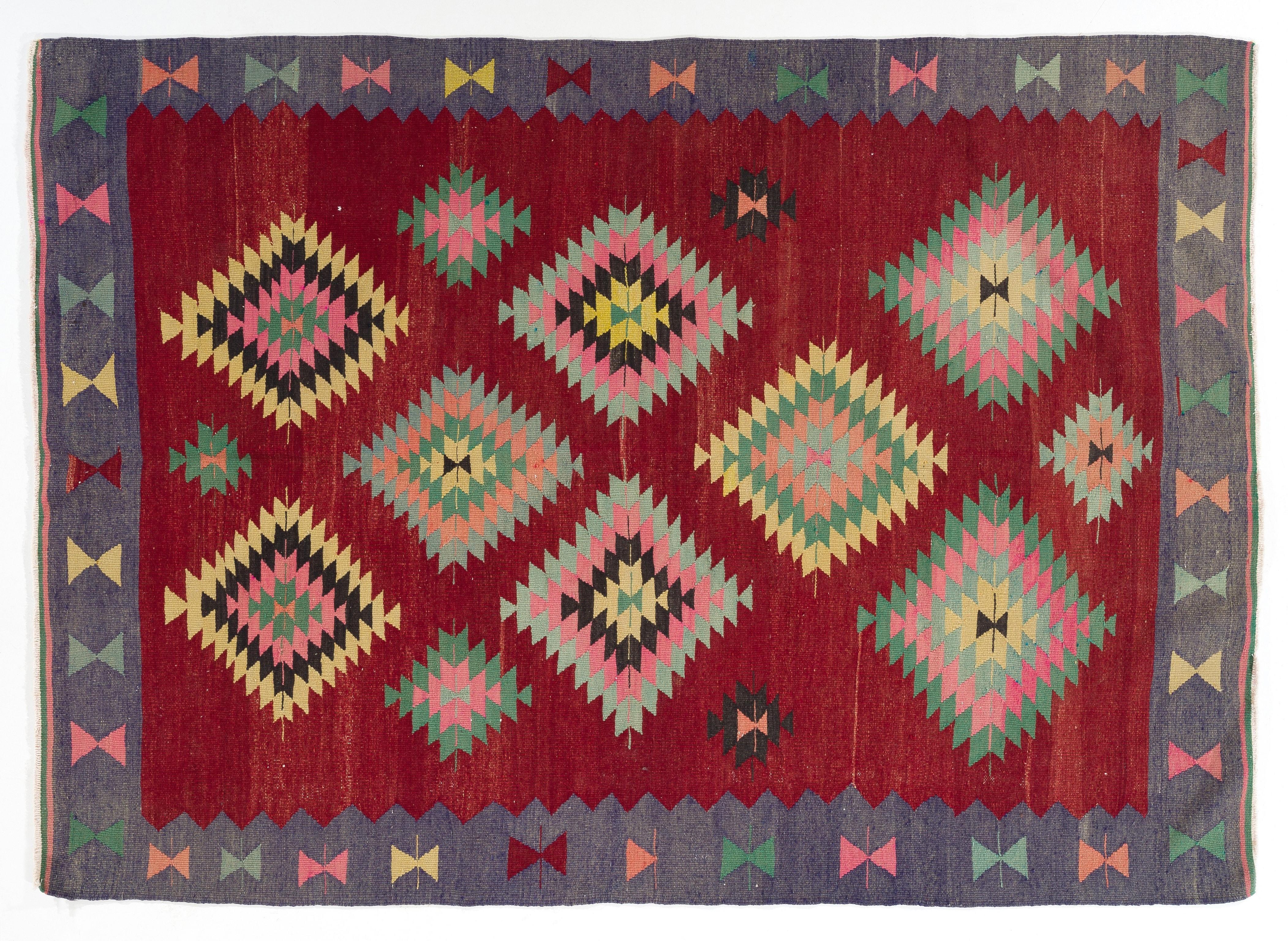 Late 20th Century 5.6x7.8 Ft Colorful Vintage Western Anatolian Kilim Rug, Flat-Weave Wool Carpet For Sale