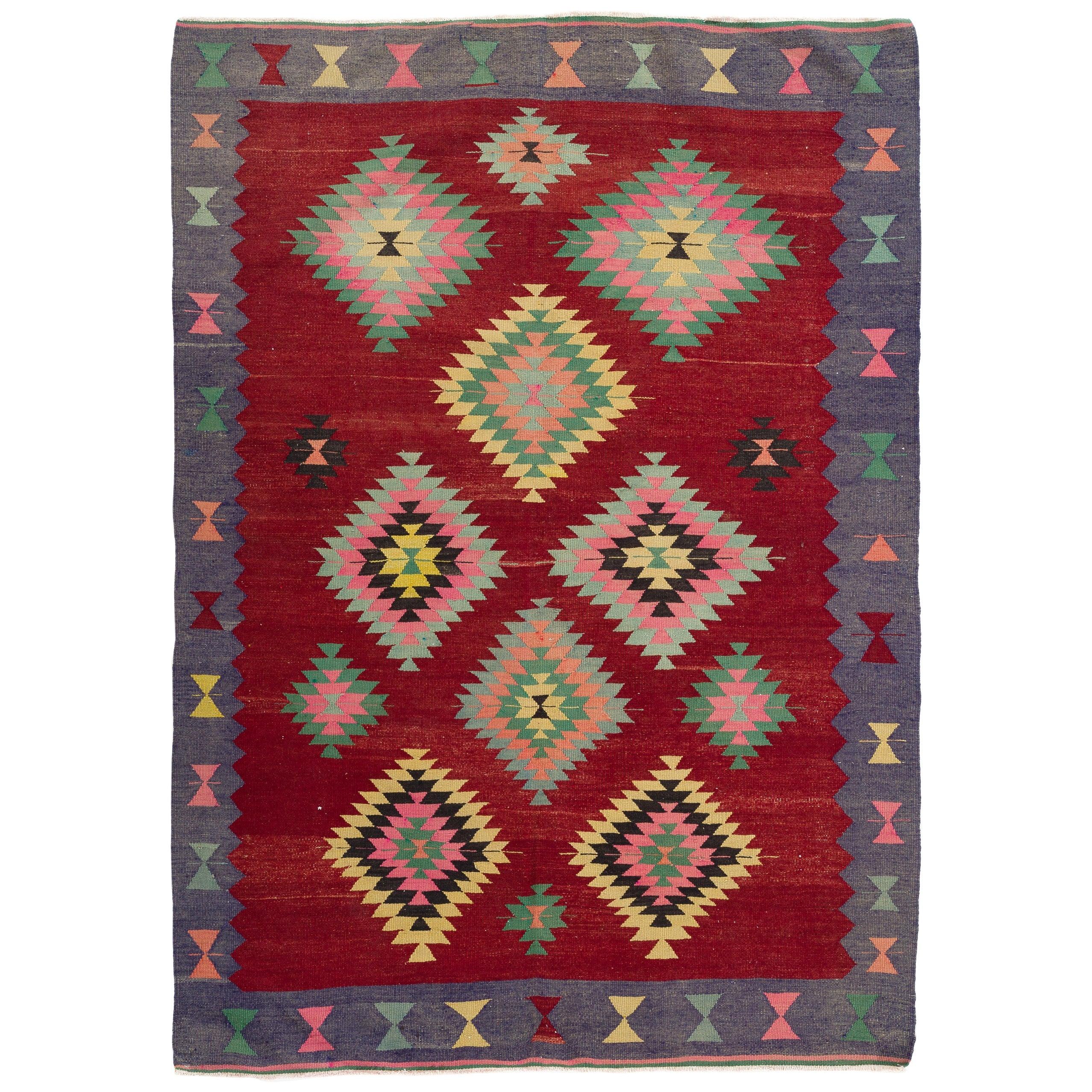 5.6x7.8 Ft Colorful Vintage Western Anatolian Kilim Rug, Flat-Weave Wool Carpet For Sale