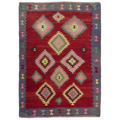 5.6x7.8 Ft Colorful Vintage Western Anatolian Kilim Rug, Flat-Weave Wool Carpet