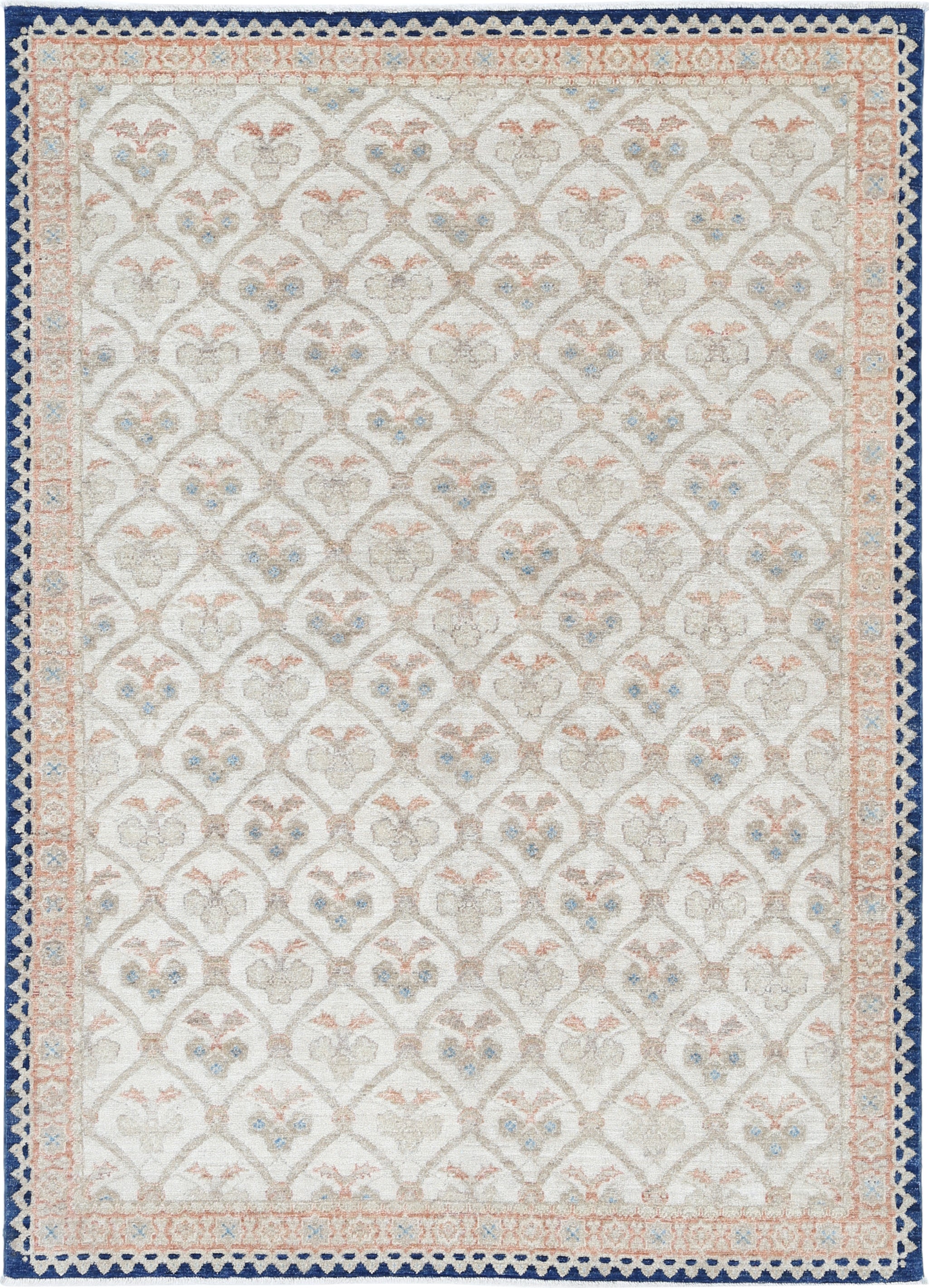 5.6x7.8 ft Hand Knotted Beige and Blue Wool Rug with Geometric Floral Design