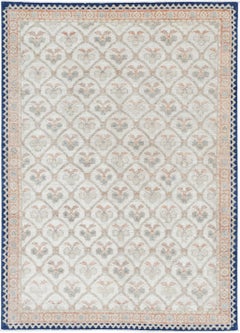 5.6x7.8 ft Hand Knotted Beige and Blue Wool Rug with Geometric Floral Design