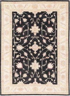 5.6x7.8 ft Hand Knotted Floral Area Rug with Black Field and Beige Border