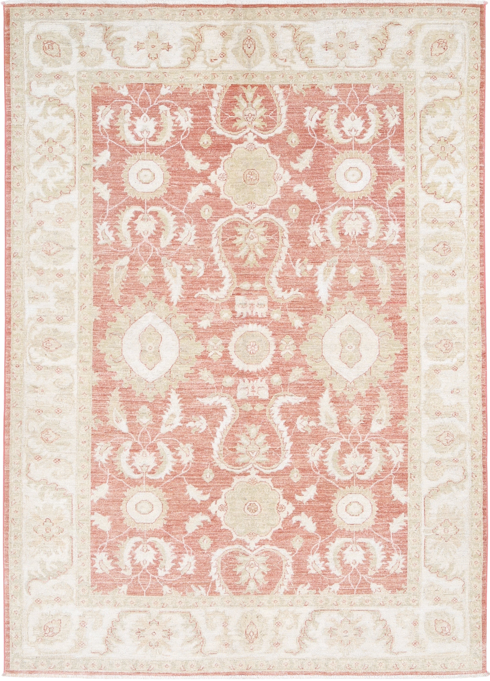 5.6x7.8 ft Hand Knotted Floral Oushak Bereich Teppich mit roten Feld und Beige Grenze