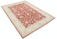 5.6x7.8 ft Hand Knotted Floral Turkish Oushak Rug, Red Ivory Large Area Rug
