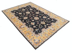 5.6x7.8 ft Handknotted Floral Area Rug with Black Field & Mustard Yellow Border