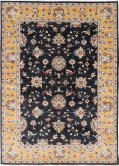 5.6x7.8 ft Handknotted Floral Area Rug with Black Field & Mustard Yellow Border