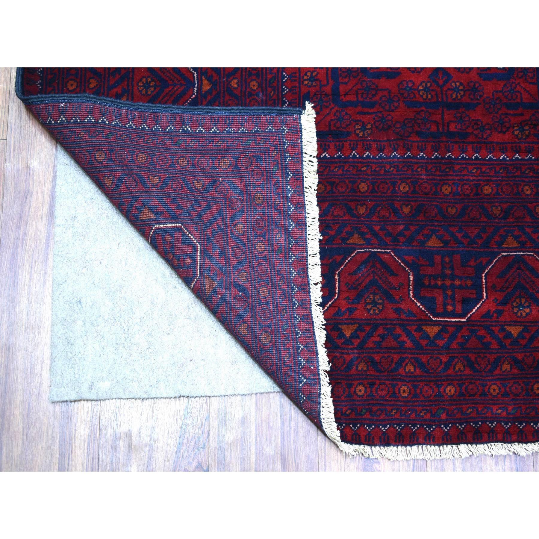 This is a truly genuine one-of-a-kind Deep and Saturated Red, Afghan Khamyab with Geometric Design, Soft and Shiny Wool Hand Knotted, Oriental Rug. It has been Knotted for months and months in the centuries-old weaving craftsmanship techniques by