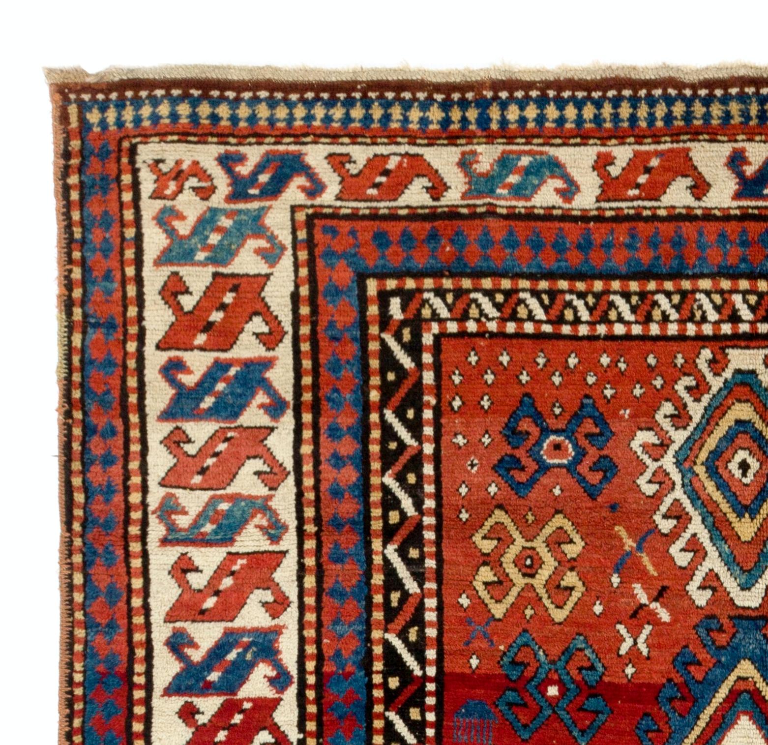 Hand-Knotted 5.6x8 Ft Antique Caucasian Kazak Rug, Ca 1850. Natural Dyes. Excellent Condition For Sale