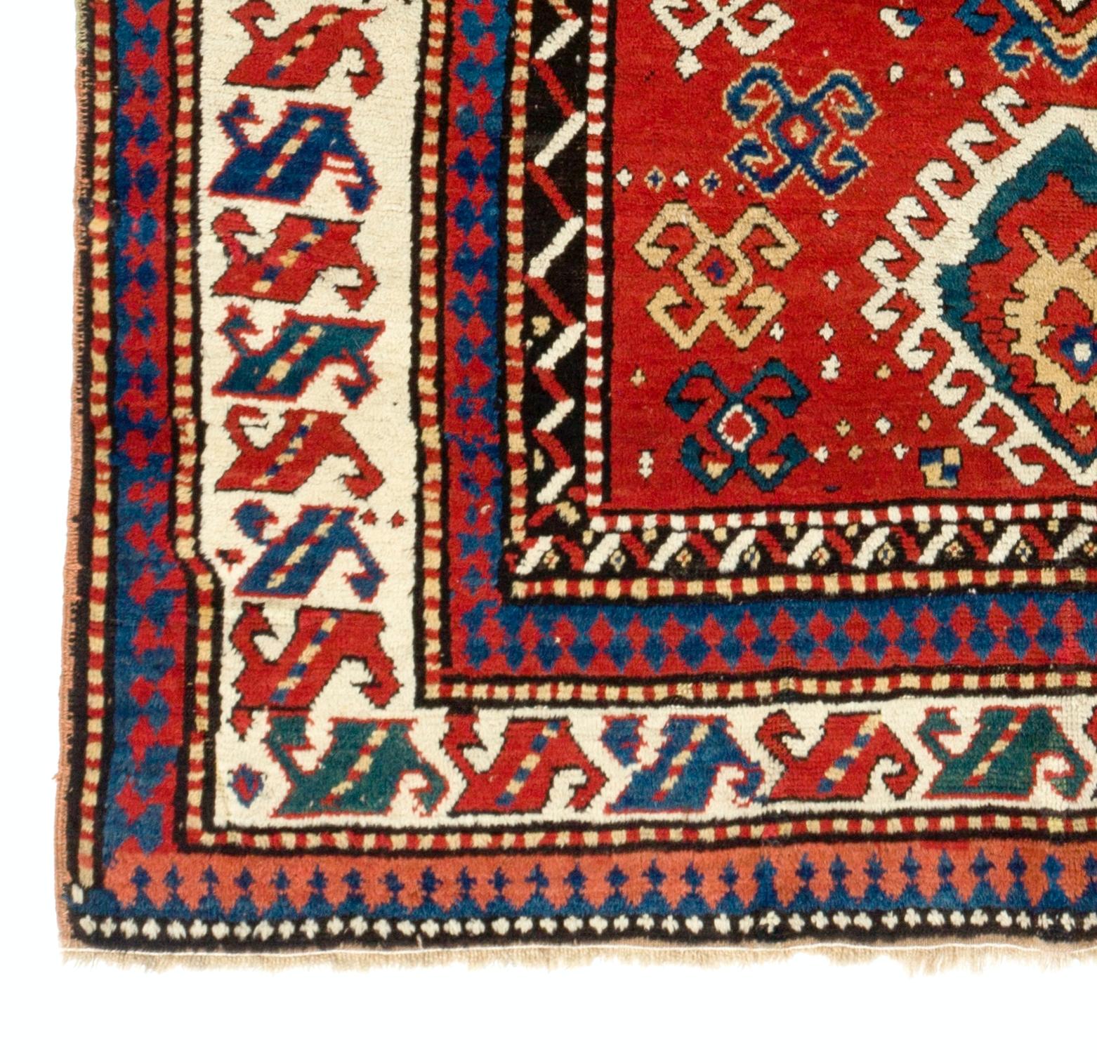 Wool 5.6x8 Ft Antique Caucasian Kazak Rug, Ca 1850. Natural Dyes. Excellent Condition For Sale